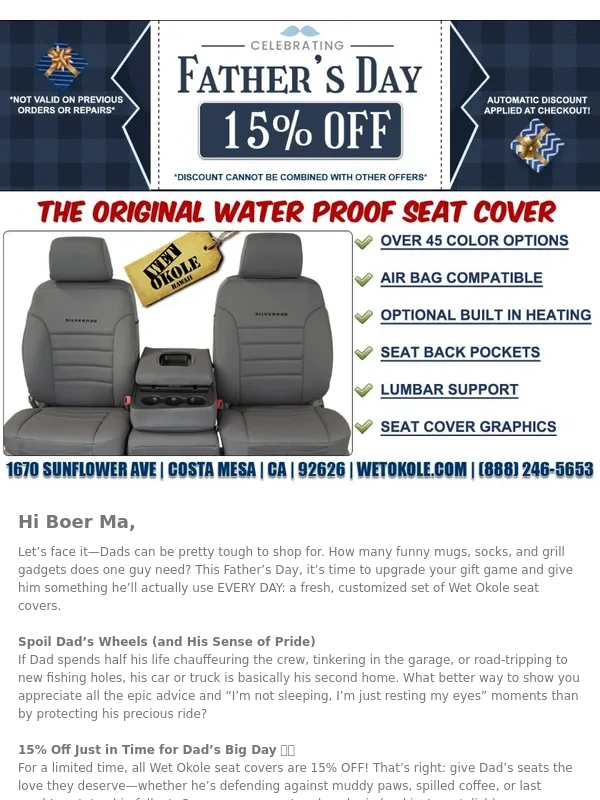 Wet Okole - Boer Spoil Dad’s Wheels: 15% Off Wet Okole Seat Covers This Father’s Day