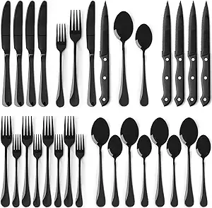 24-Piece Astercook Black Silverware Set with Steak Knives Flatware Set for 4 Food-Grade Stainless Steel Cutlery Set (Elegant Black Pro)