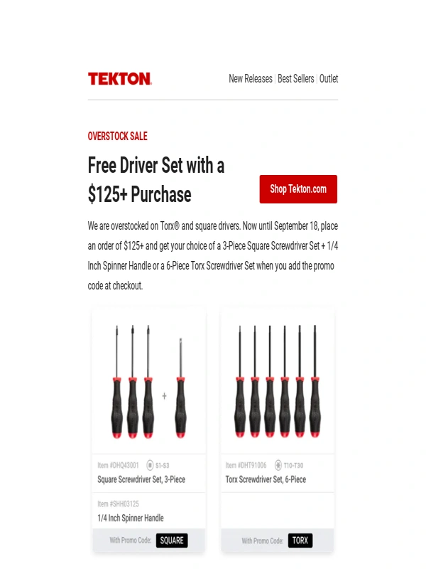 Tekton - Overstock Sale: Free Driver Set with a $125+ Purchase