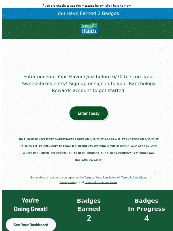 Hidden Valley - Don’t miss your chance at a $1,000 prize! ???