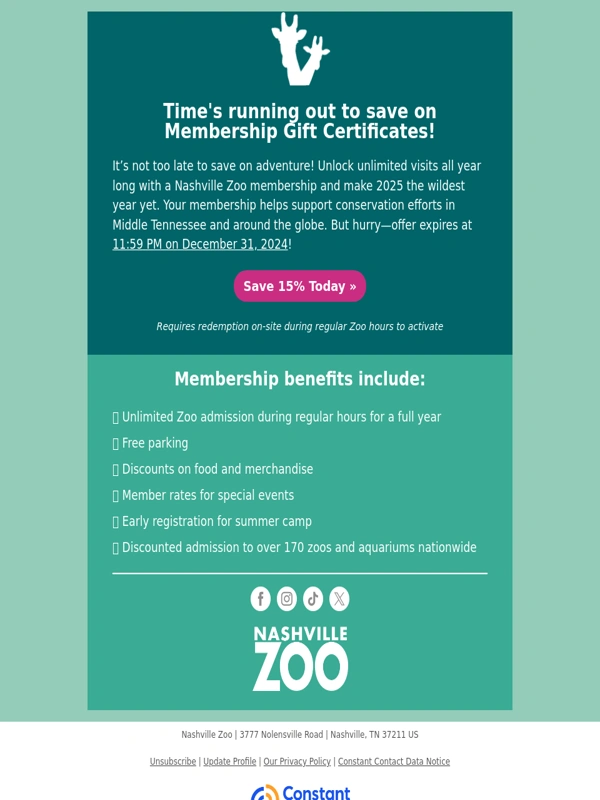 Nashville Zoo - Last Chance to Save on Membership! ⏳