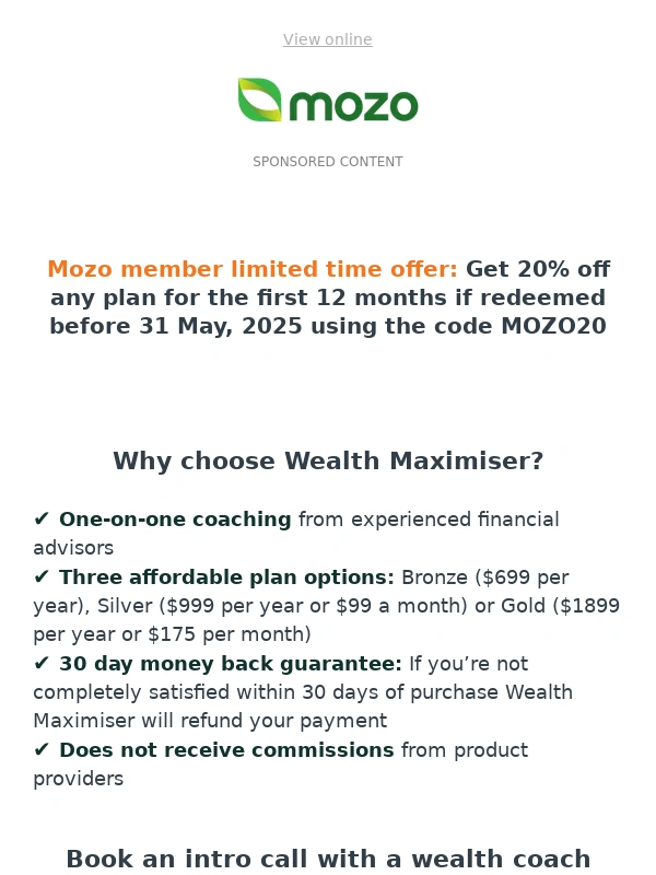 Mozo - Get 20% off any Wealth Maximiser financial plan for the first 12 months*