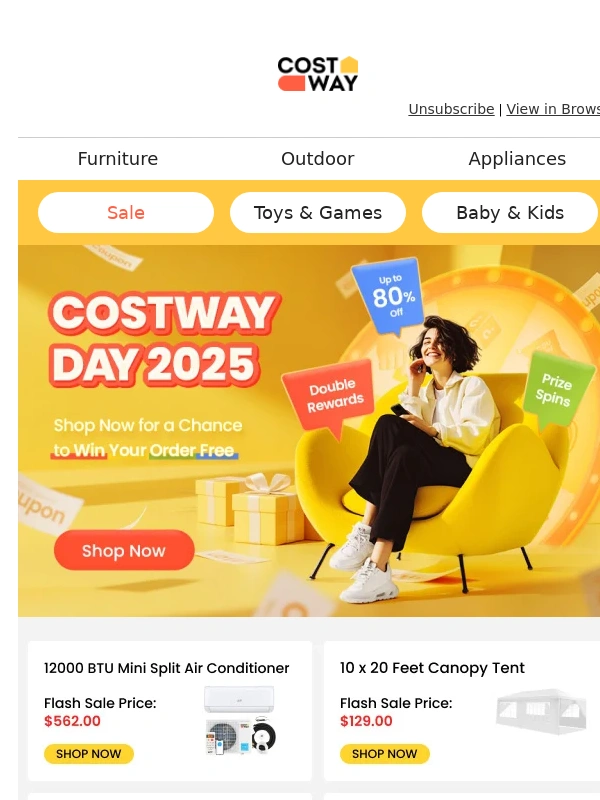 Costway - ?Costway Day Sale | Up to 80% OFF & Shop Now for a Chance to Win Your Order Free