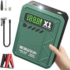 YESPER Jump Starter with Air Compressor 2000A 150PSI Battery Jumper Starter Portable(8L Gas/6L Diesel), 12V Car Jump Pack Battery Charger Jump Box with Jumper Cables, LCD Display, Lights