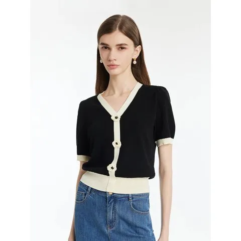 Tencel Contrast Trim V-Neck Women Knit Top With Detachable 3D Flower