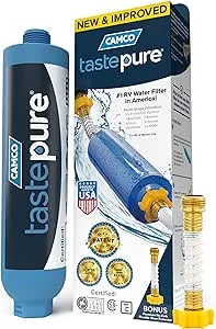 Camco Tastepure RV Water Filter - New & Advanced RV Inline Water Filter with Flexible Hose Protector - GAC & KDF Filtration - Made in USA - Camping Essentials for Fresh Drinking Water (40043)