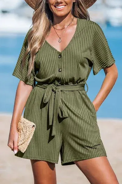 Cupshe Women's Ribbed V-Neck Short Sleeve Romper with Pocket