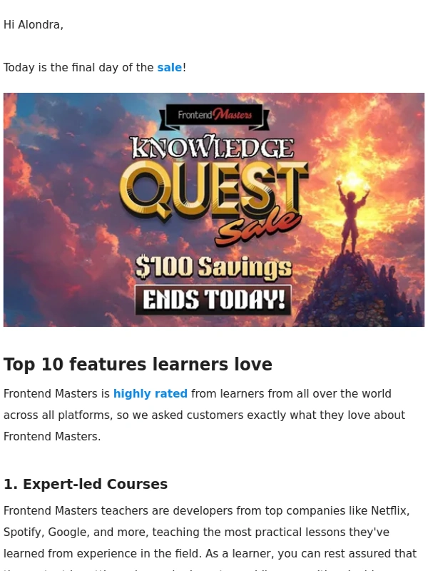 Frontend Masters - Top features learners love – Hurry before the discount turns into a ?