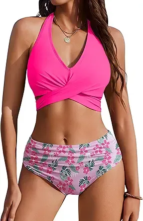 AIMAGE Womens High Waisted Bikini Sets Tummy Control Bathing Suits Halter Two Piece Swimsuit Modest Bikini 2025 Pink Floral S