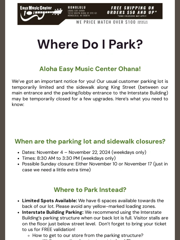 Easy Music Center - Where Do I Park? ? Temporary Parking Lot and Sidewalk Closure