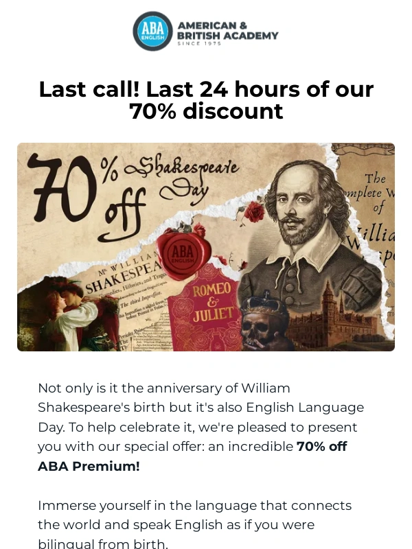ABA English - Last call! Last 24 hours of our 70% discount