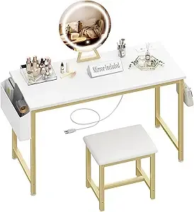 KAI-ROAD Cheap Makeup Girls Vanity Set with Mirror and Stool and Lights & Power Outlet, White Make Up Dressing Table with Chair, Kids Vanities for Bedroom 40