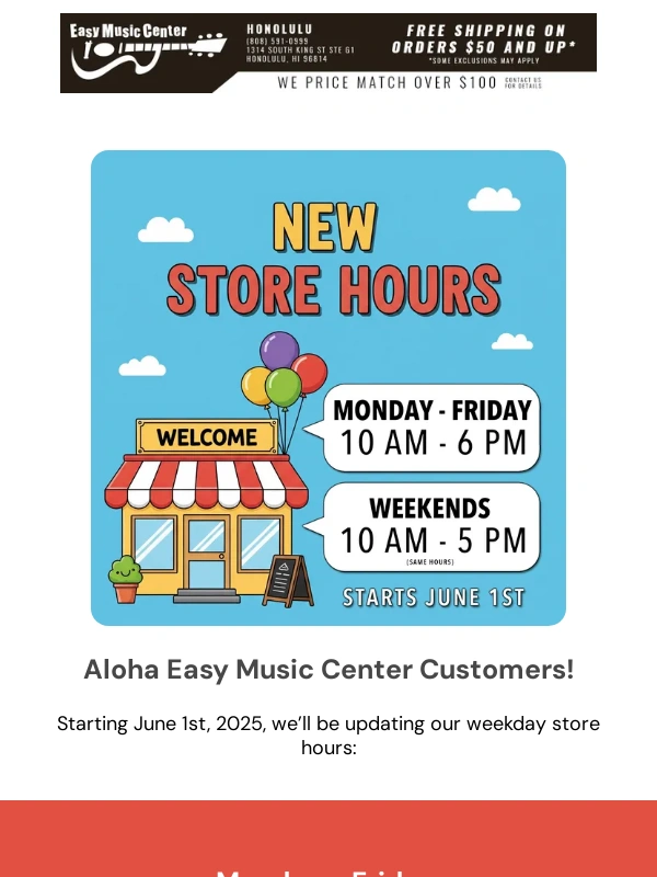 Easy Music Center - New Store Hours Starting June 1st — Same Great Service! ??