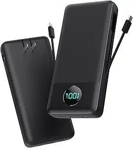 Portable Charger 33800mAh USB C Power Bank with Built-in Cables & AC Wall Plug,25W Fast Charging+QC 4.0 Phone Charger,4 Output LCD Display Battery Pack Compatible with iPhone16/15,Samsung,Android etc