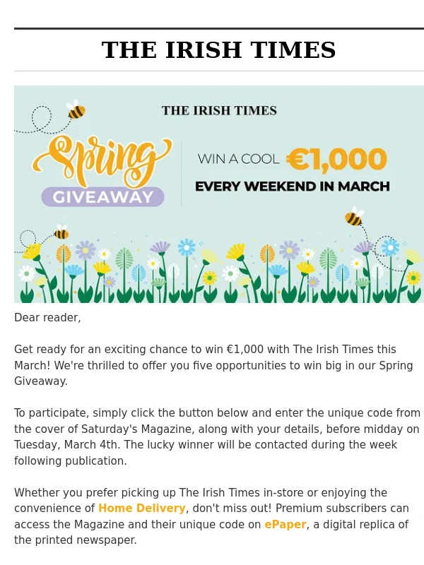 Irish Times - Reader,could this be your chance to win €1,000?