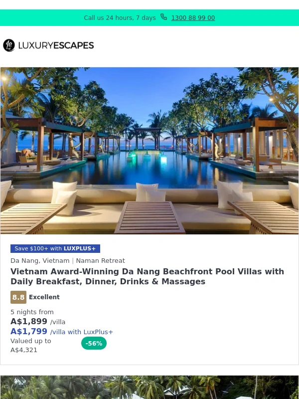 Luxury Escapes - Vietnam: Award-Winning Spa Retreat w. Daily Breakfast,Dinner,Drinks & Massages | Fiji Adults-Only Villas w. All-Inclusive Dining & Nightly Cocktails | Spain,Portugal & Morocco Tour w. Sahara