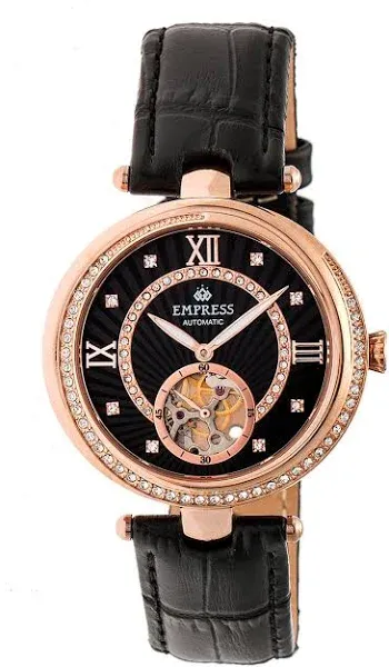 Empress Women's Stella Automatic Semi-Skeleton Dial Leather-Band Watch