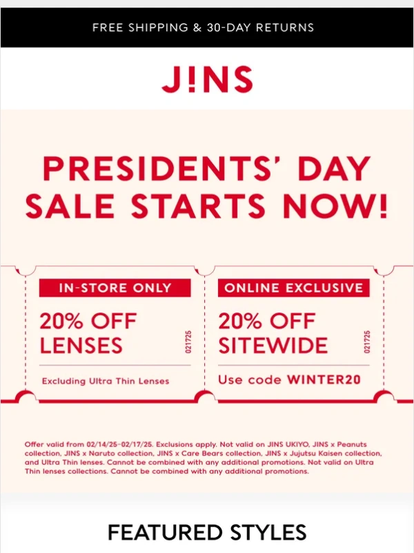 Jins - Presidents' Day sale starts now!