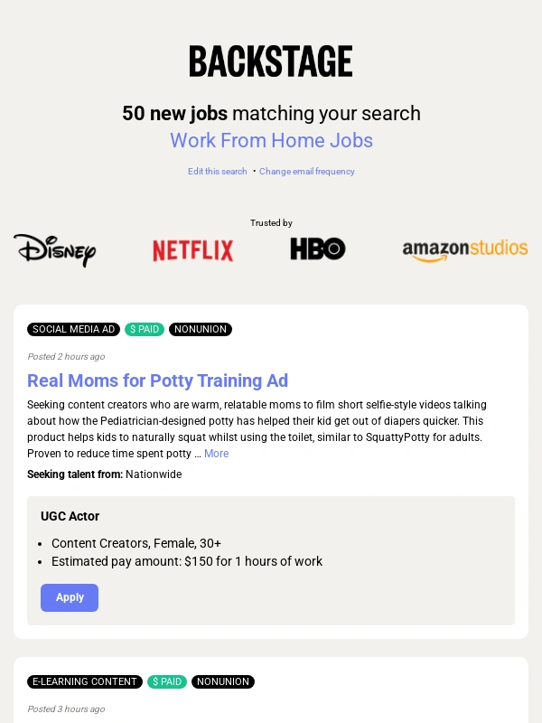 Backstage - 50 New Roles Available for Work From Home Jobs - May 28