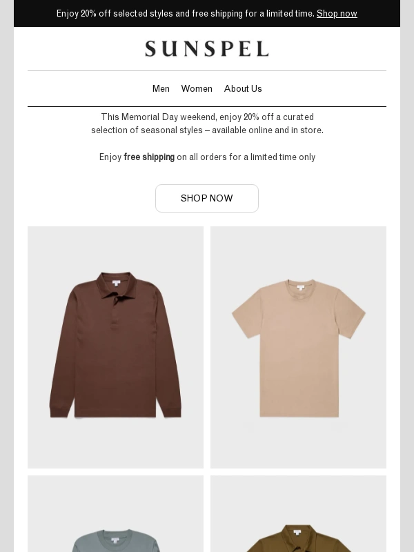 Sunspel - Don't Miss 20% Off This Memorial Day Weekend