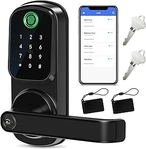 IRONZON Keyless Entry Door Lock with Handle – Smart Door Lock for Front Door 5-in-1 Keypad Door Lock with Handle with Fingerprint, Password, Key, APP Unlocking