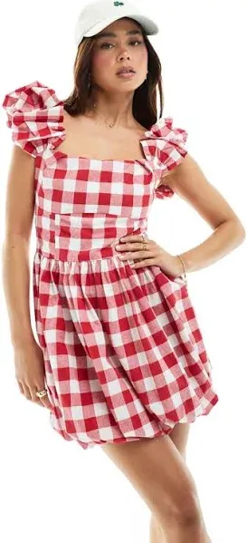 ASOS DESIGN square neck mini smock dress with bubble hem in red gingham