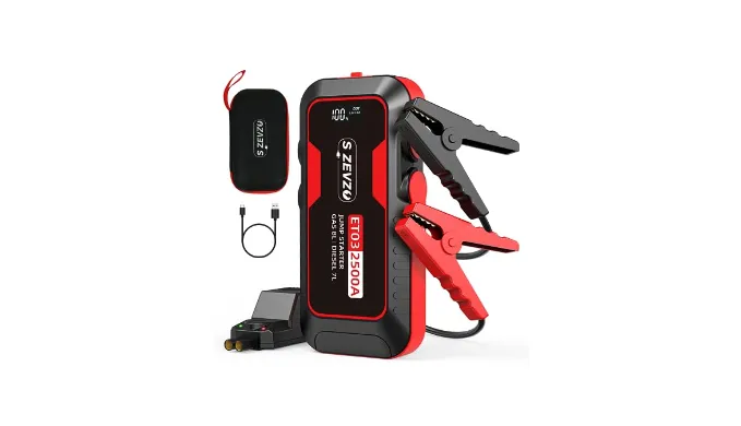 S ZEVZO ET03 Car Jump Starter 2500A Jump Starter Battery Pack for Up to 8.0L Gas and 7.0L Diesel Engines, 74Wh Portable 12V Jump Box with USB Ports, LCD Display, Storage Case, and LED Light