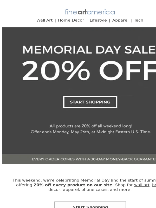 Fine Art America - Memorial Day Weekend Sale - 20% Off All Products - Now Through Monday!