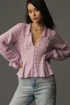 By Anthropologie Long-Sleeve Button-Front Textured Blouse