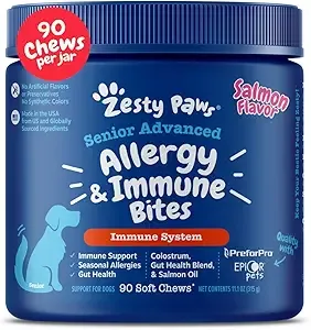 Zesty Paws Dog Allergy Relief - Anti Itch Supplement - Omega 3 Probiotics for Dogs - Digestive Health - Soft Chews for Skin & Seasonal Allergies - with Epicor Pets - Senior - Salmon - 90 Count