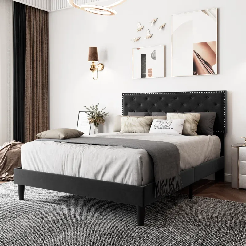 Lark Manor Aleiny Queen Velvet Bed w/ Adjustable Upholstered Headboard (Blue, Gray) $150 + Free Shipping