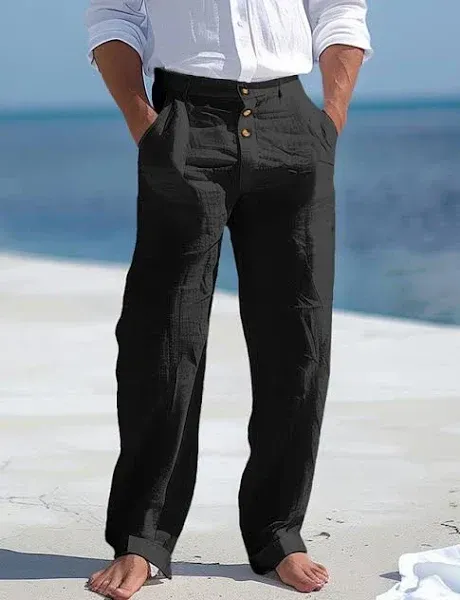 Men's Linen Pants Trousers Summer Pants Beach Pants Front Pocket Straight Leg Plain Comfort Breathable Business Casual Daily Fashion Basic Black White