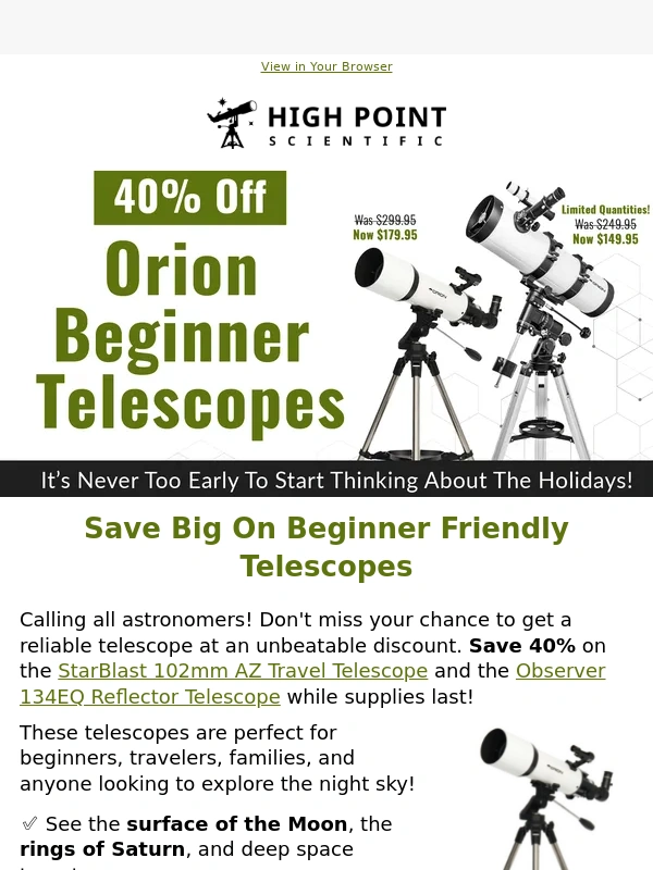 High Point Scientific - ? 40% Off Beginner Telescopes from Orion