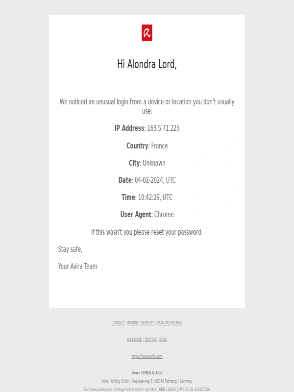 Avira - Sign in notification from Avira