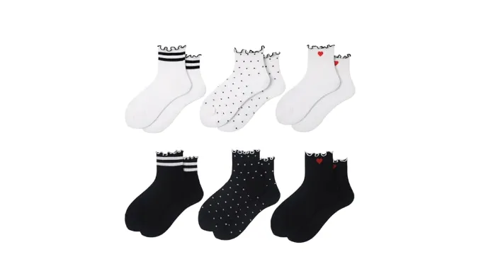 MarJunSep Cute Striped Ruffle Ankle Frilly Lettuce Edge Dots Heart Ribbed Thin Socks for Women Teen Girls (US, Alpha, One Size, Regular, Regular, 6 Pairs White Black Socks Heart Dots Striped)