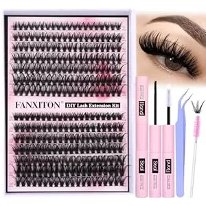 FANXITON DIY Lash Extension Kit Volume Lash Clusters 40D+50D D Curvature Individual Lashes Lash Clusters Kit Thick Eyelash Extension Kit 280 pcs Thin Band Cluster Lashes Lash Bond and Seal Tweezers
