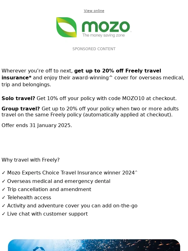 Mozo - Get up to 20% off Freely travel insurance*