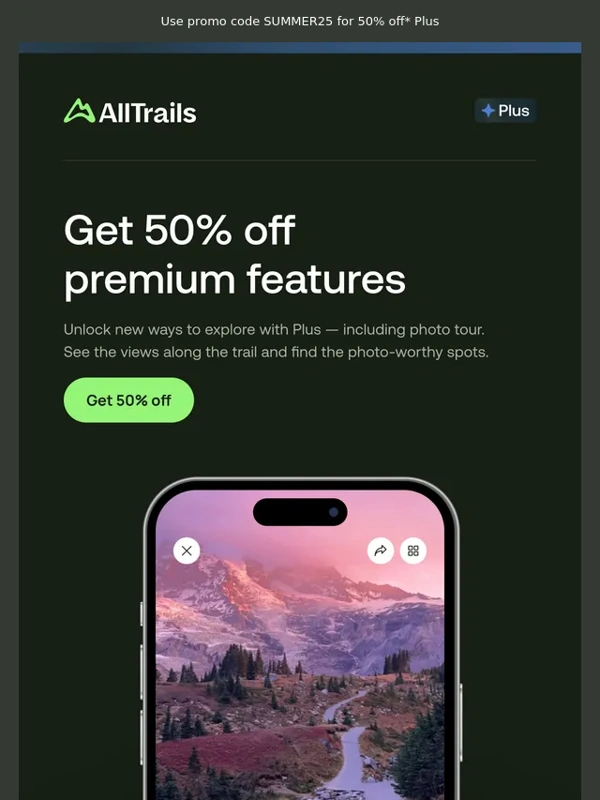 Alltrails - Get 50% off photo tour and more Plus features