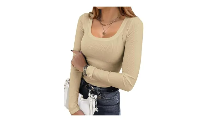 Ekouaer Womens Long Sleeve Shirts Square Neck Slim Fit Basic Tops Ribbed Thermal Undershirts Layering Tee