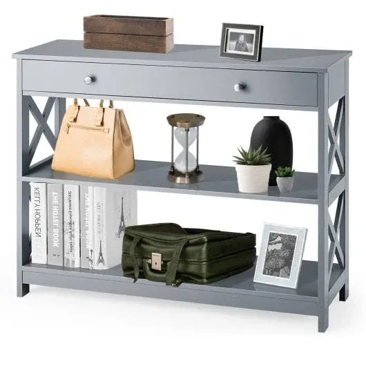 Costway 3-Tier Console Table X-Design Sofa Entryway Table with Drawer & Shelves