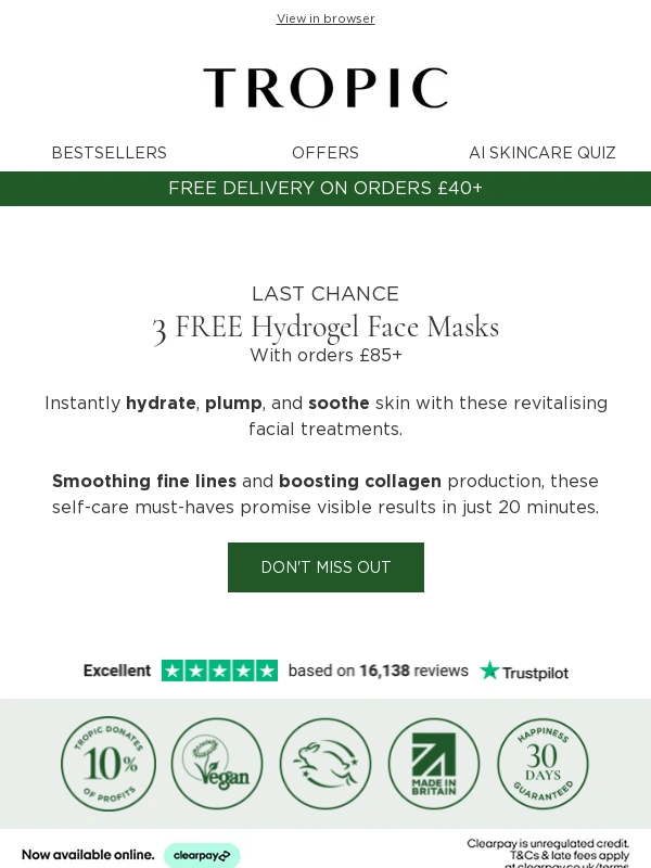 Tropic Skincare - LAST CHANCE: 3 FREE Hydrating Masks ends today!