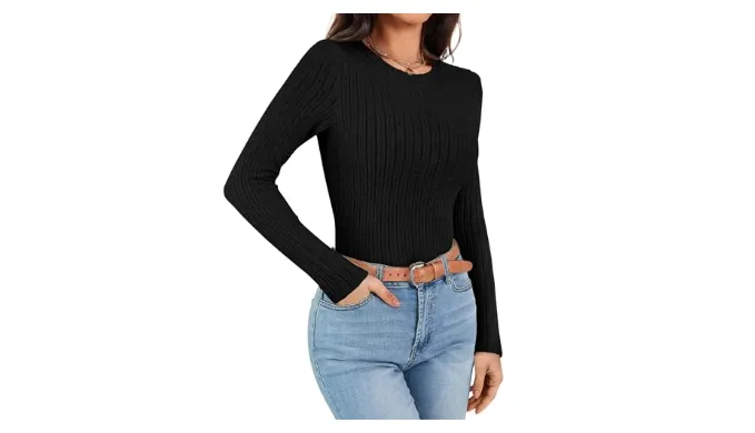 Ekouaer Womens Long Sleeve Ribbed Shirts Trendy Fitted Tops Thermal Under Scrub Crew Neck Soft Fleece Basic Layering