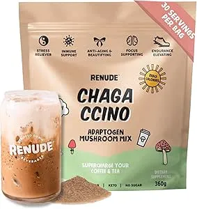 Renude Chagaccino - Chaga Mushroom Powder, Mushroom Coffee Drink Mix with Adaptogens, Natural Energy and Immune Support, Vegan, Keto, Zero Calorie Mushroom Blend Powder - 30 Servings