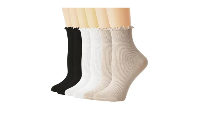TOAMOUR Womens Ruffle Socks, 6 Pairs Turn-Cuff Crew Socks, Cotton Frilly Ankle Socks, White Lettuce Edge Boot Socks