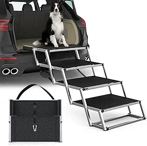 PetRuna Extra Wide Dog Stairs for Large Dogs, Foldable Dog Ramp for Car with Non-Slip Surface, Dogs Stairs for Cars, High Beds, Truck, Supports up to 250 lbs, 4 Steps
