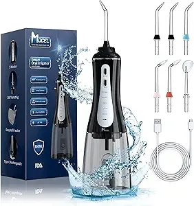 Mocel Water Dental Flosser Oral Irrigator with 5 Modes, 350ml Cordless Water Teeth Cleaner Pick 6 Tips, IPX7 Waterproof Rechargeable Portable Powerfu