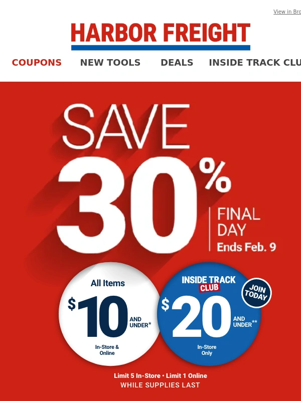 Harbor Freight - LAST CHANCE! Save 30% Off on All Items $10 and Under!