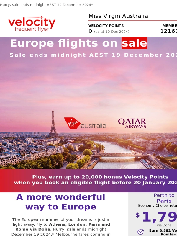 Virgin Australia US - Paris,London,Athens and Rome on sale now!*
