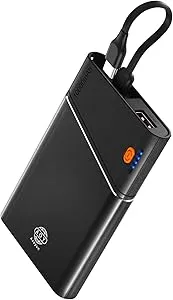 Aaoyun 22.5W PD 10000mAh Portable Power Bank with Built-in USB C in & Out Cable (Black)