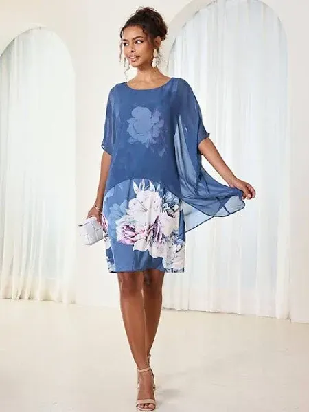 Women's Wedding Guest Cocktail Dress Chiffon Cover Up Floral Print Tank Dress Set Elegant Formal Summer Midi Dress Crew Neck Sleeveless